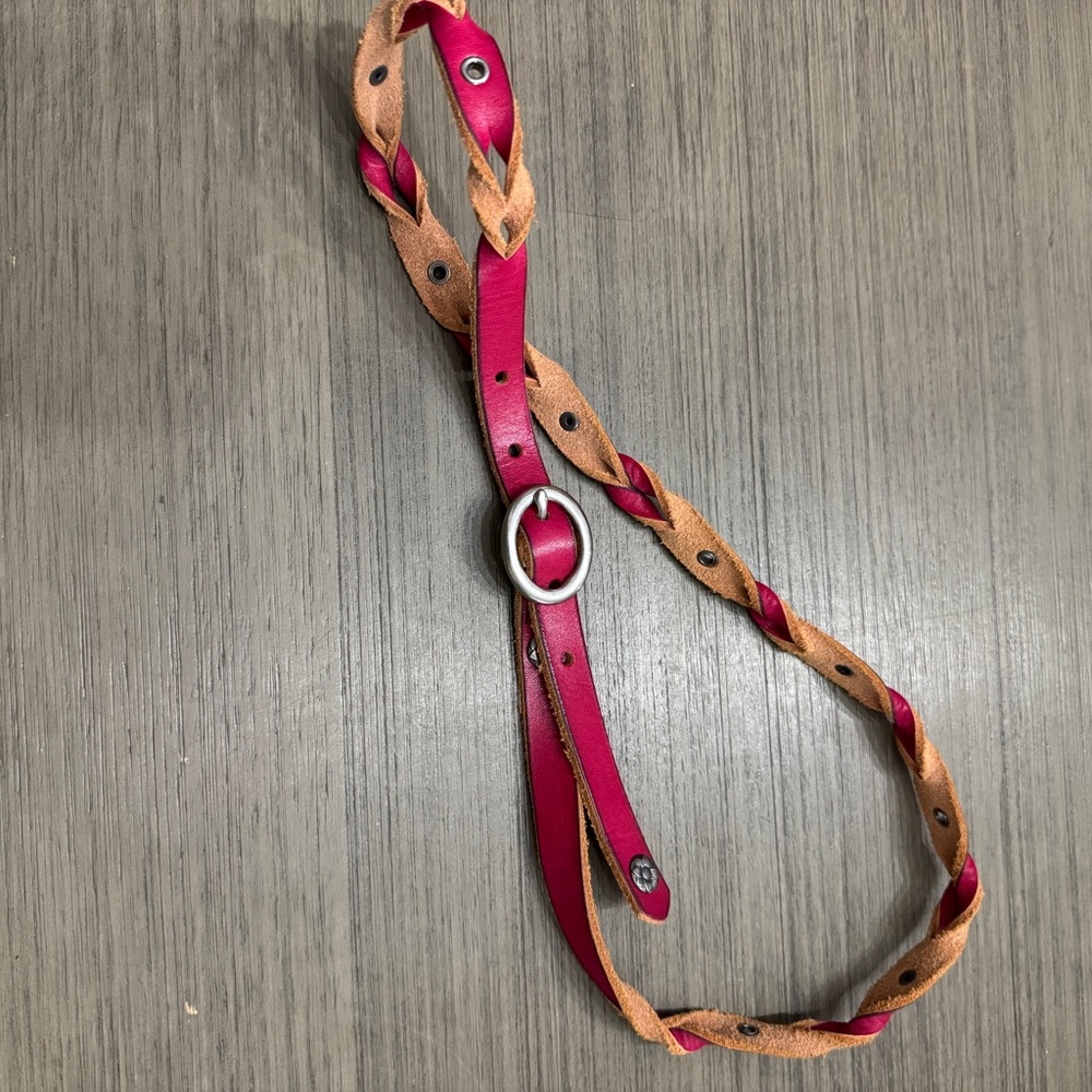 Fossil Pink and Tan Braided Leather Belt with Silver Ring Buckle 40” Long - Picture 5 of 7